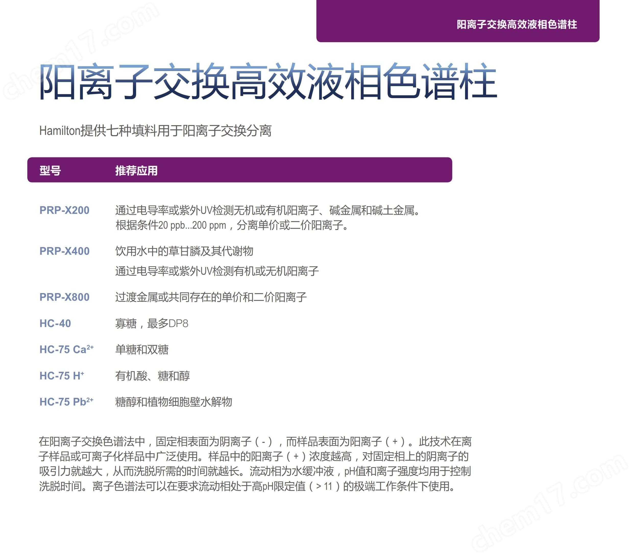 Hamilton陽離子交換高效液相色譜柱